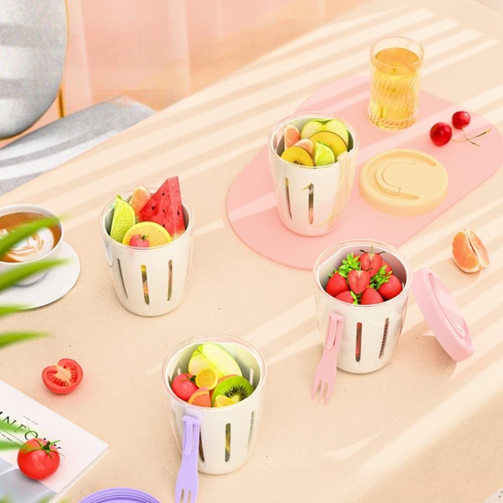 Salad Cup with Fork Cylindrical Plastic Fruit Container Multifunctional with Drainage Portable for Lunch and Snacks