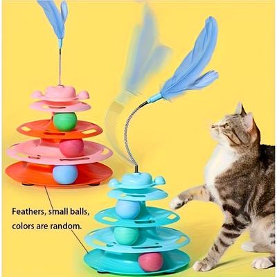 2025 Pattern Artificial Feather Cat Rotating Toy Interactive Fun Toy, 3-Layer Rotating Tower with Three Small Balls and Feathers