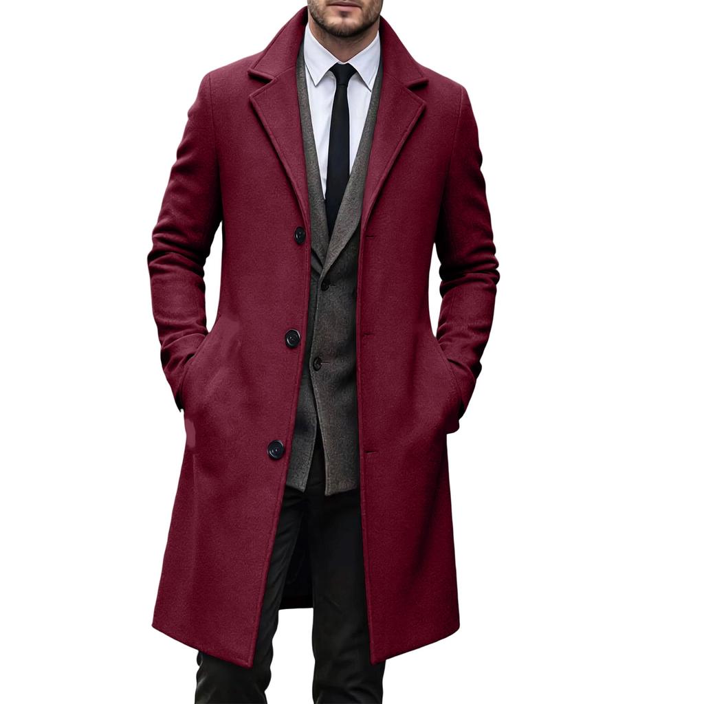 Men's Wool Mid-Length Overcoat Slim Fit Trench Coat for Fall and Winter