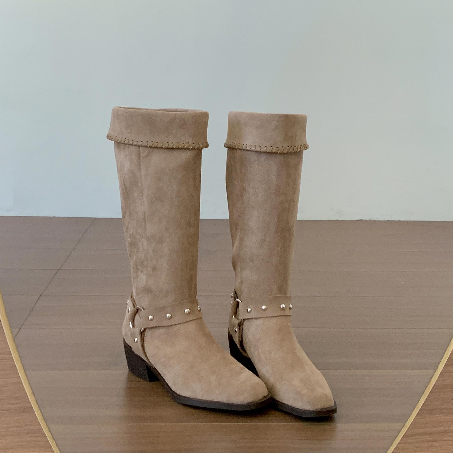 

Retro high-end British style thick-heeled boots children s boots 2025 new autumn with skirt thin knight boots 40 хаки