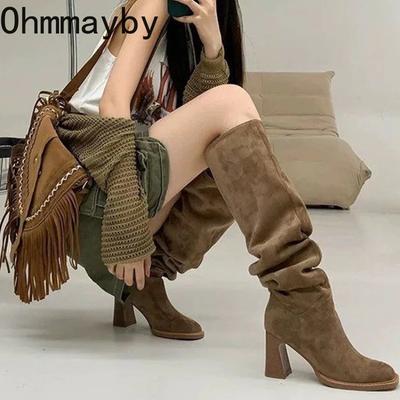 Schlupf Damen Western Kniehohe Stiefel Mode Plissiert Nähen Pumps Herbst Winter Dicker Absatz Damen Moderne Lange Stiefeletten