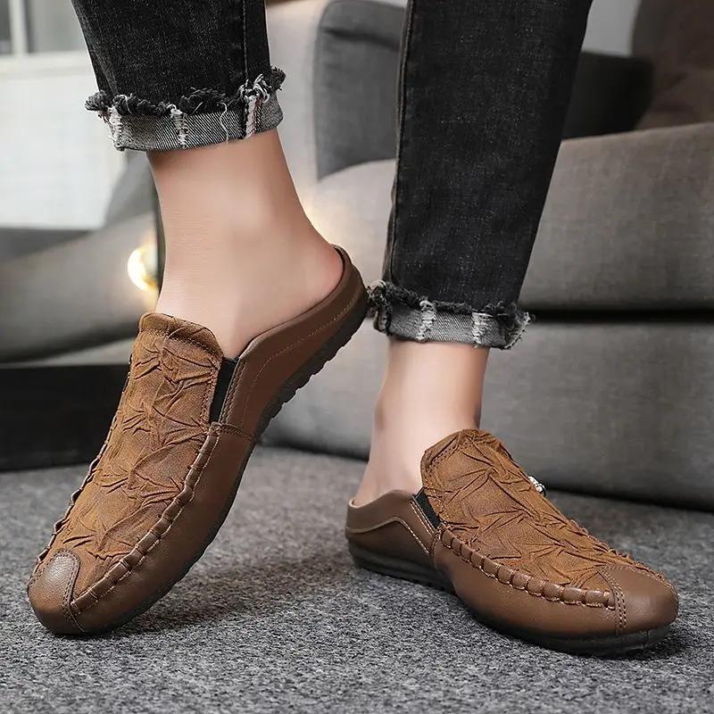 Fashion Slippers for Men Half Soft Leather Designer Luxury Fun Casual Shoes Elegant High Quality Fashion Mascullino Original Sandals Man