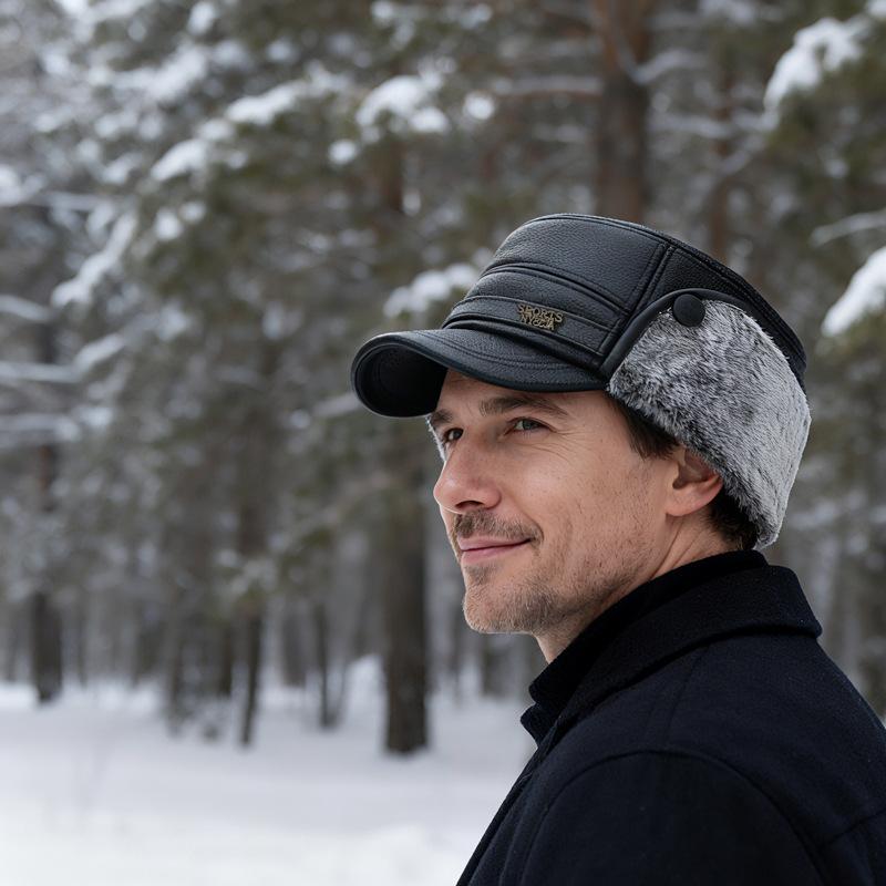 Middle-Aged and Elderly Hat Men's Winter Warm Father Grandfather Leather Hat Velvet Cold-Proof Old Man Ear Protection Flat Cap