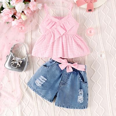 Girls Fashion Suit Summer Kids Casual Halter Plaid Top + Ripped Denim Shorts Suit