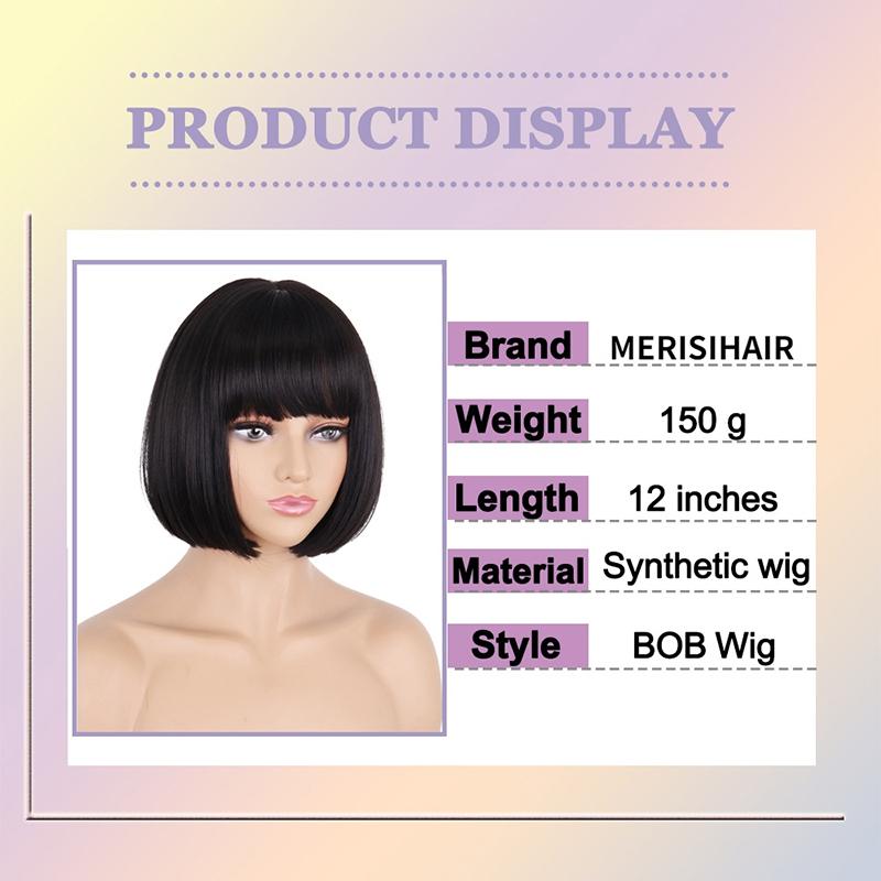 MERISIHAIR Short Straight Bob Synthetic Wigs with Bangs for Black Women Heat Resistant Wig for Cosplay Party Daily Hair