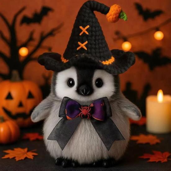 Halloween Penguin Doll 10" Penguin Plush Doll Toy with Knitted Witch Hat Small Stuffed Animal Desktop Decoration Gifts for Kids Boys Girls