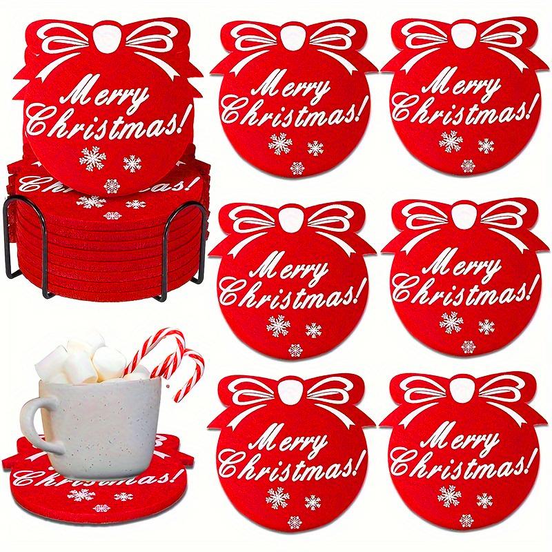 10PC Snowflake Printed Party Red Holiday Felt Coasters Table Decor Christmas Cup Mats Festive Absorbent Wool Beverage Decoration