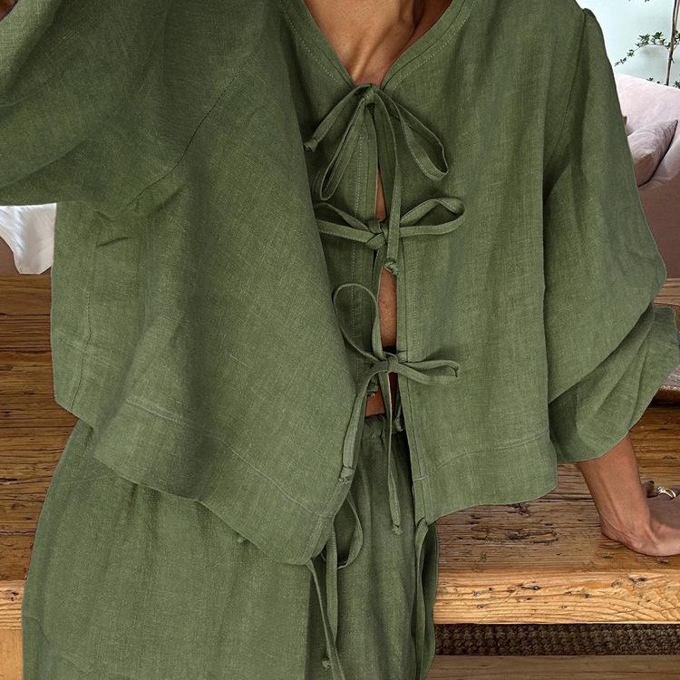 

Women s Solid Tie Front Puff Long Sleeve Shirt High Waist Maxi Skirt Casual Two Piece Outfit Beach Set L зелений