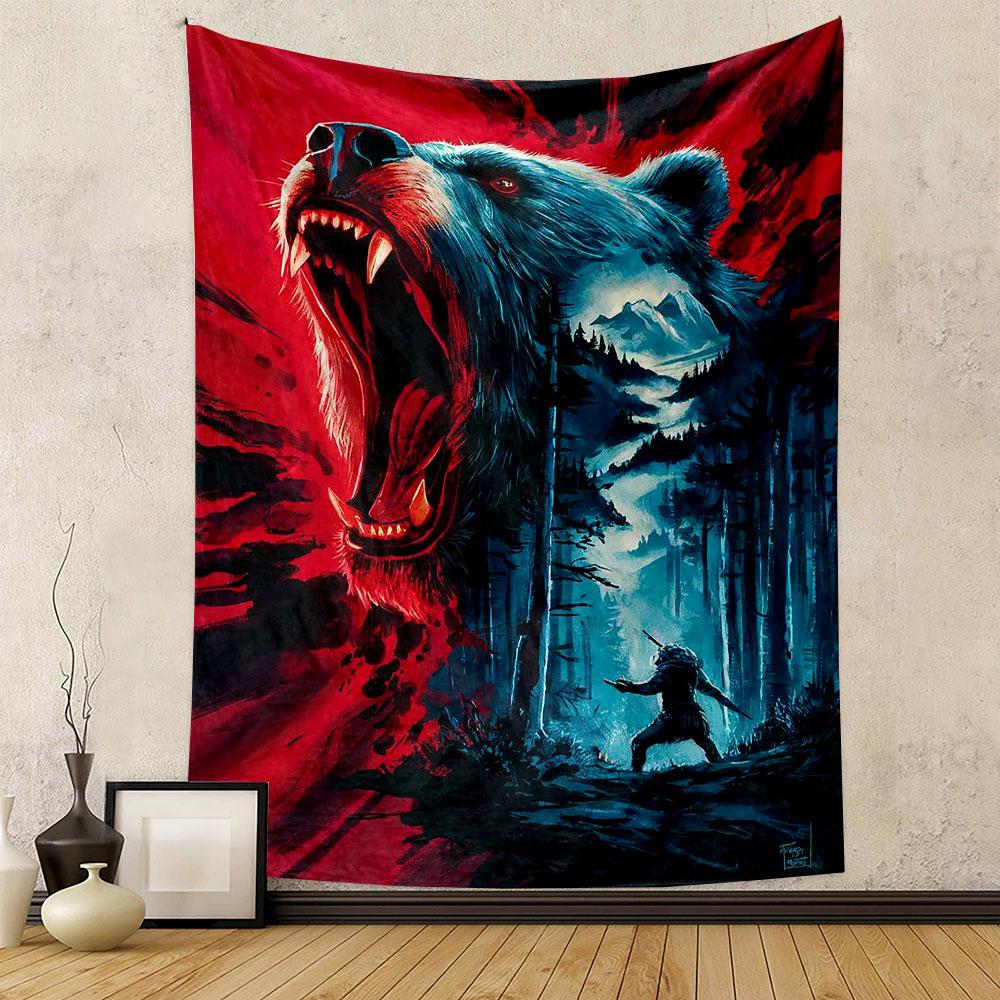 "Fierce Bear and Warrior In Forest" Patterned Tapestry Home Decor, Suitable for Bedroom and Living Room, Gift