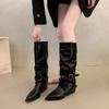 Dámské dlouhé kozačky se špičatou špičkou 2024 Nové podzimní zimní kozačky ke kolenům v retro stylu s přezkou na opasku Jednobarevné kozačky s tlustým podpatkem