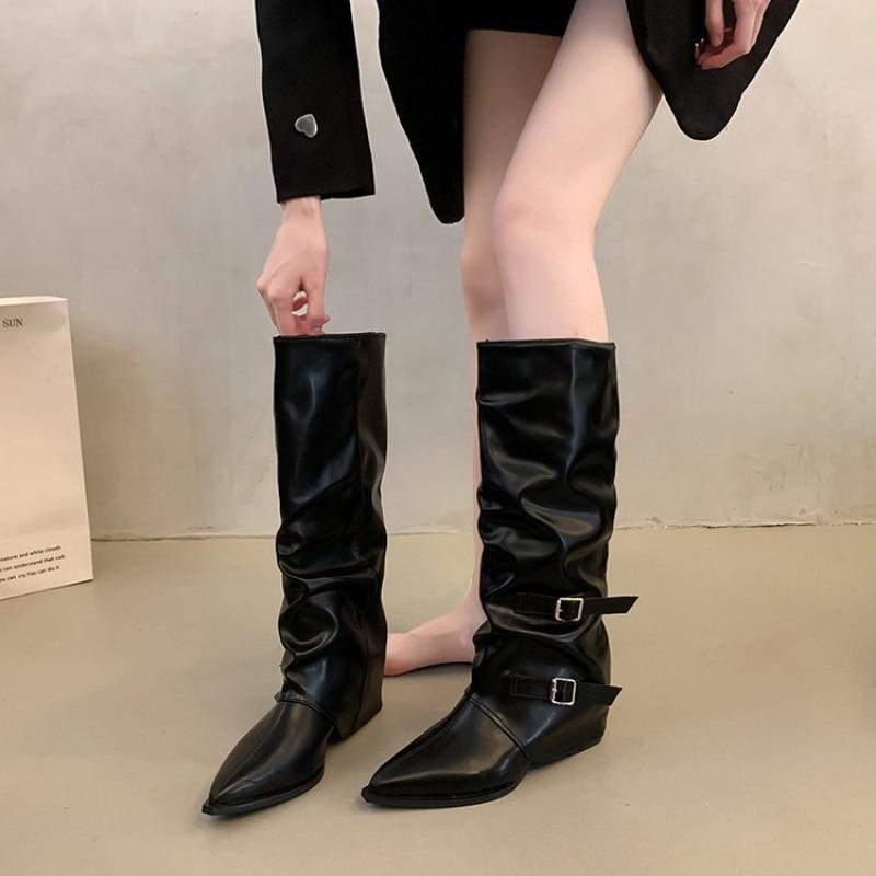 Dámské dlouhé kozačky se špičatou špičkou 2024 Nové podzimní zimní kozačky ke kolenům v retro stylu s přezkou na opasku Jednobarevné kozačky s tlustým podpatkem