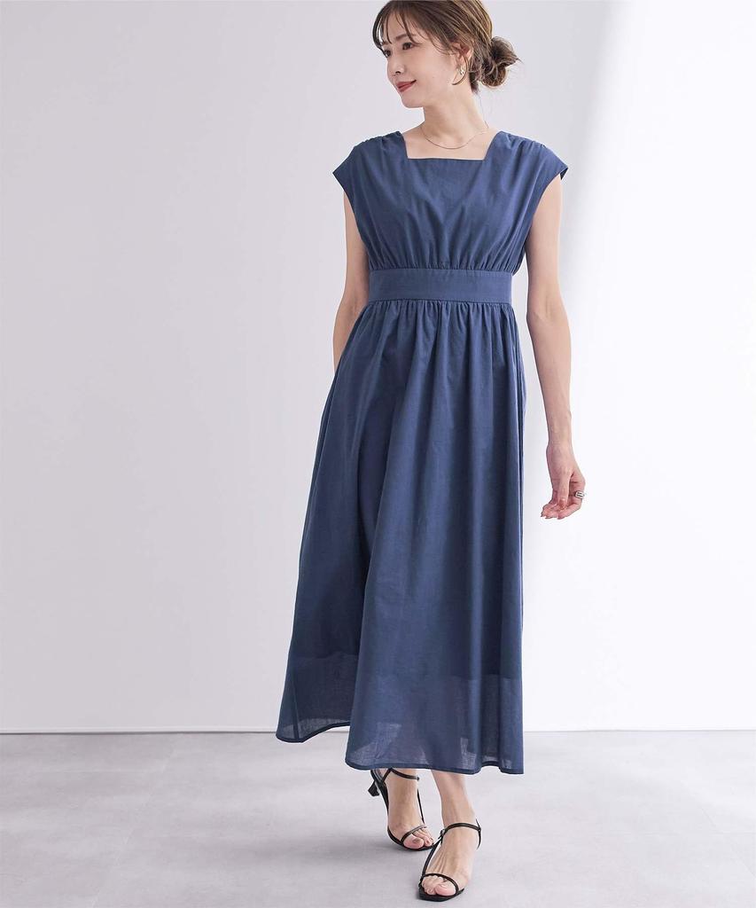 Dein Quadratischer Ausschnitt Französischer Ärmel Kleid BFXU1847 Klein Marineblau Hohe Taille Damen