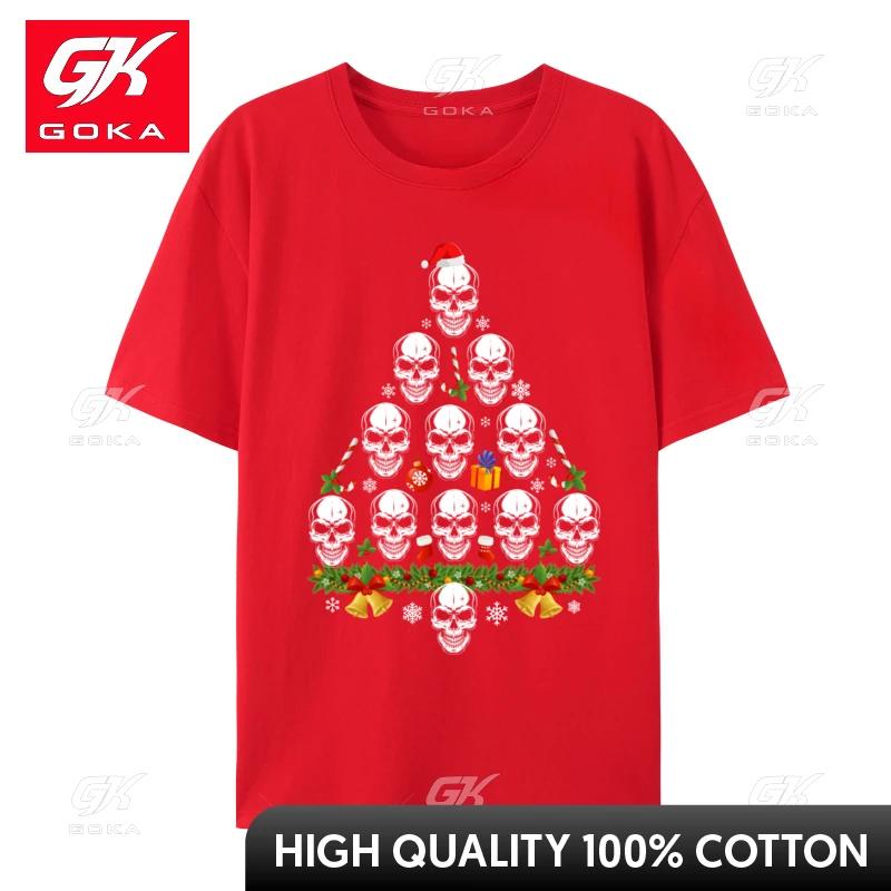 Skull Christmas Tree Santa Hat Lights Sweater Xmas Tshirt All Cotton Tshirt Camisas Hombre Classic Oversized S
