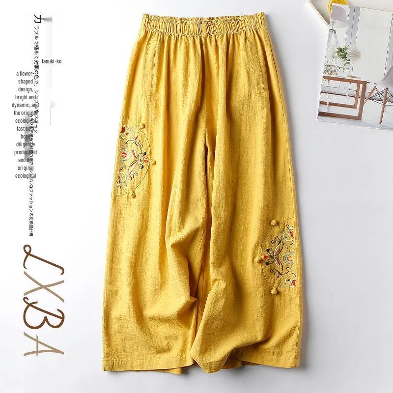 

Женские ретро этнические вышитые брюки с широкими штанинами - Хлопок и лен, Приталенный крой длиной девять точек, Идеально подходят для весны/лета. XL