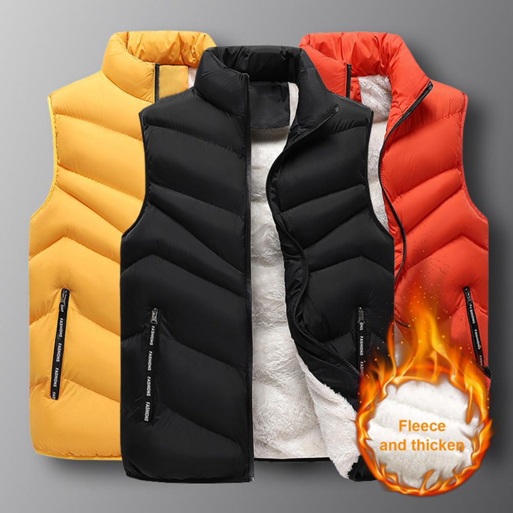 Cotton Waistcoat with Pockets Men's Stand Collar Sleeveless Cotton Vest with Plush Lining Zipper Placket Solid Color Waistcoat