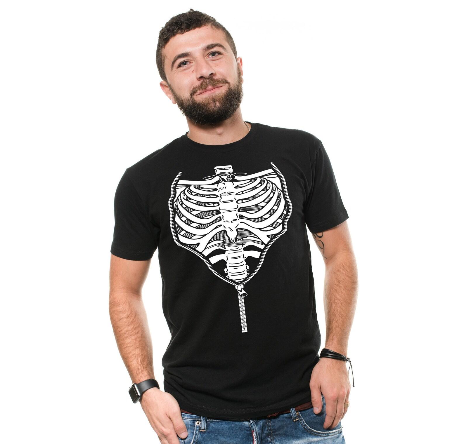 Rib Cage Zipper T-Shirt: Funny Halloween Skeleton Costume Tee L