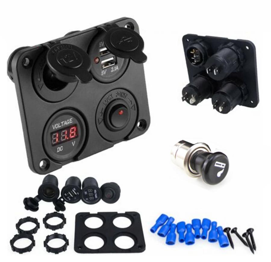 12V-24V Car Boat Dual USB Charger Switch Voltmeter Cigarette Lighter Sockets Kit