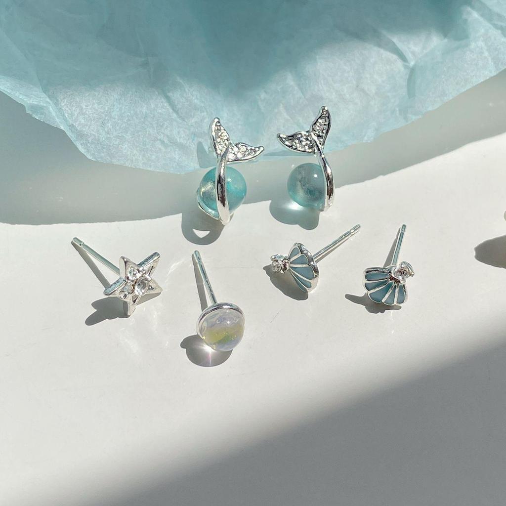 Silver Fishtail Bubble Ball Earrings Set for Women - Simple Summer Style