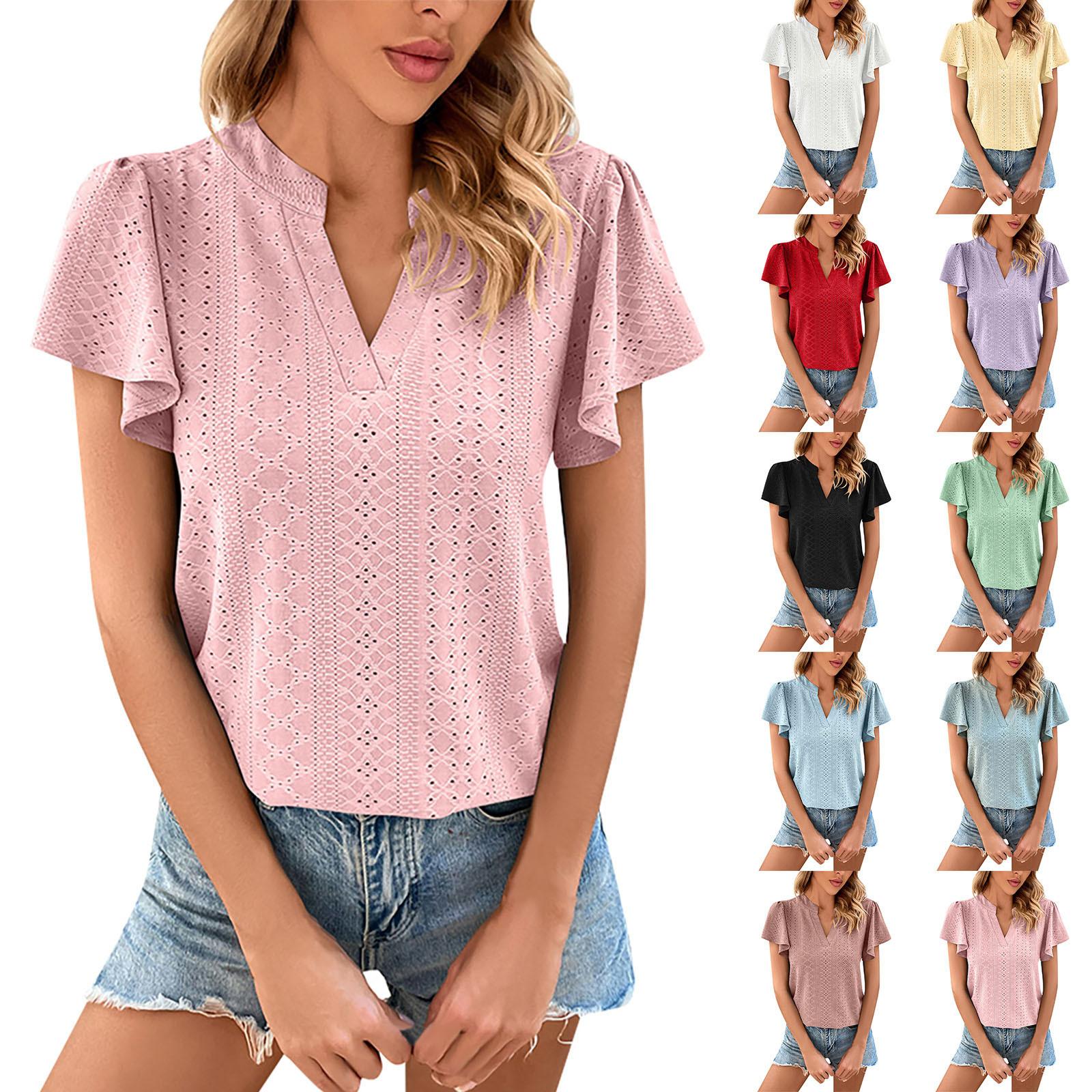 

(Куниде) Женская летняя однотонная рубашка с v-образным вырезом и передними плечами в стиле ретро, ​​с коротким рукавом и v-образным вырезом, с рукавами-лепестками