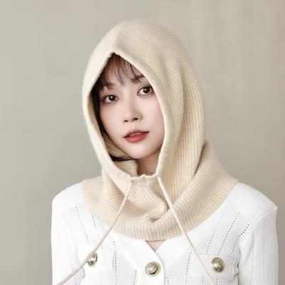 Trendy Winter Knitted Hooded Caps Thick Drawstring Adjustable Balaclava Hat Breathable Beanies Cap One-piece Neck Collar