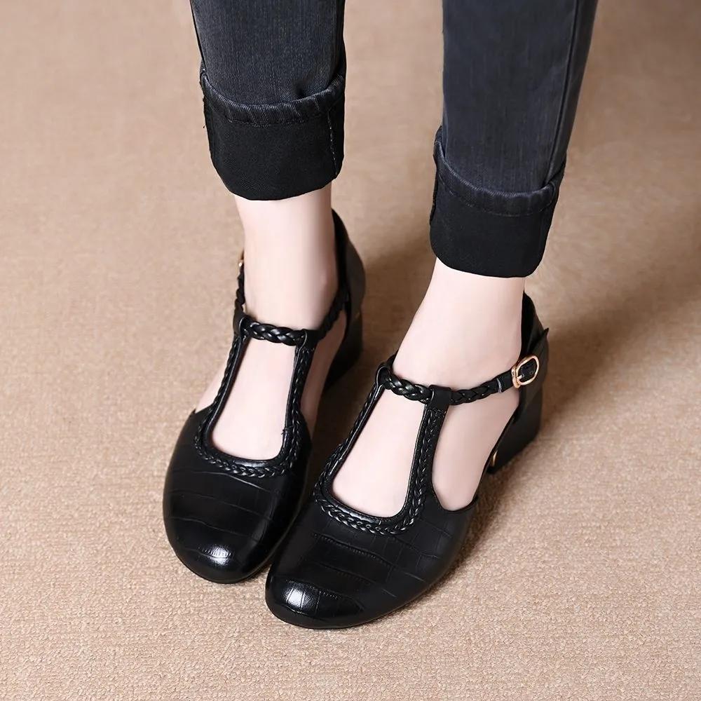 zapatos de mujer women cute round toe black hollow out spring comfort square heel shoes lady casual work shoes ab617