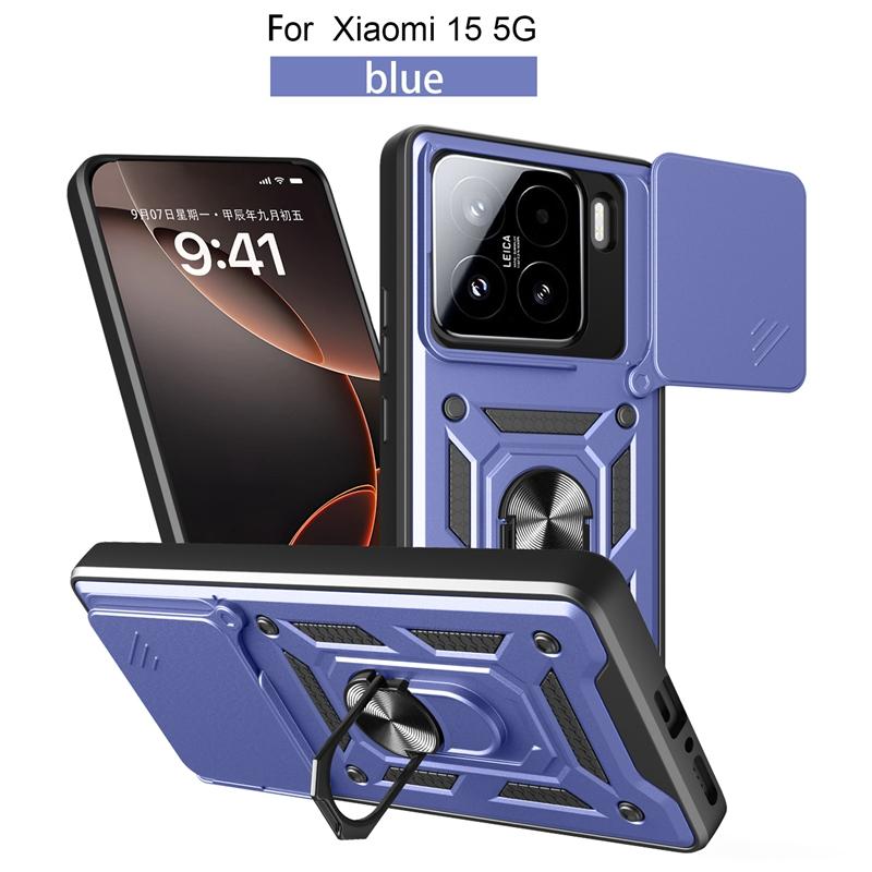Military Grade Magnetic Ring Holder Shockproof Armor Design Case For Xiaomi 15T Pro Slide Camera Anti-Fall Full Protective Cover