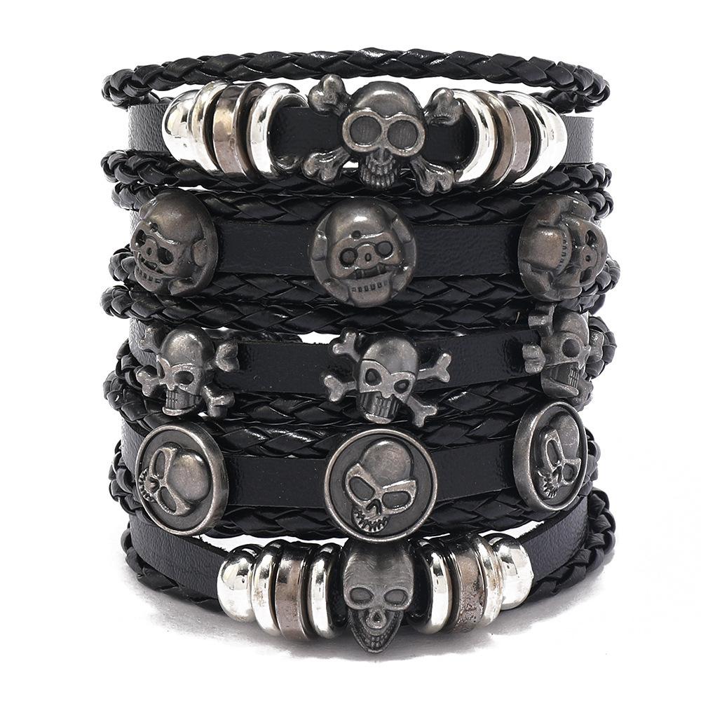 Men's Punk Skull Leather Bracelet Set Multi-Layer Gothic Rock Chain Bracelets Pentagram Charm Hip Hop Streetwear Badge Jewelry Accessories for Him