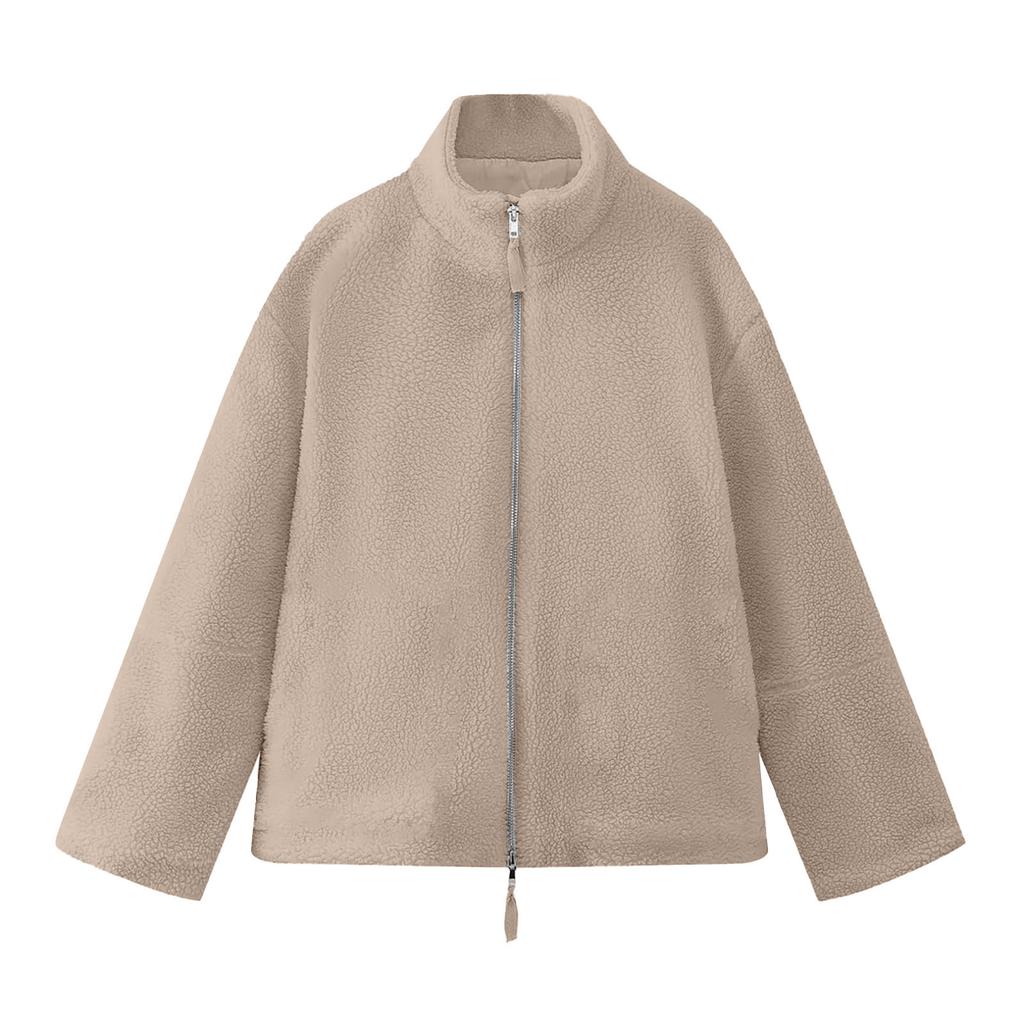 Nowy Jesienno-zimowy Styl Damski Jednokolorowy Luźny Wełniany Płaszcz z Wysokim Dekoltem Wykonany z Wełny Jagnięcej