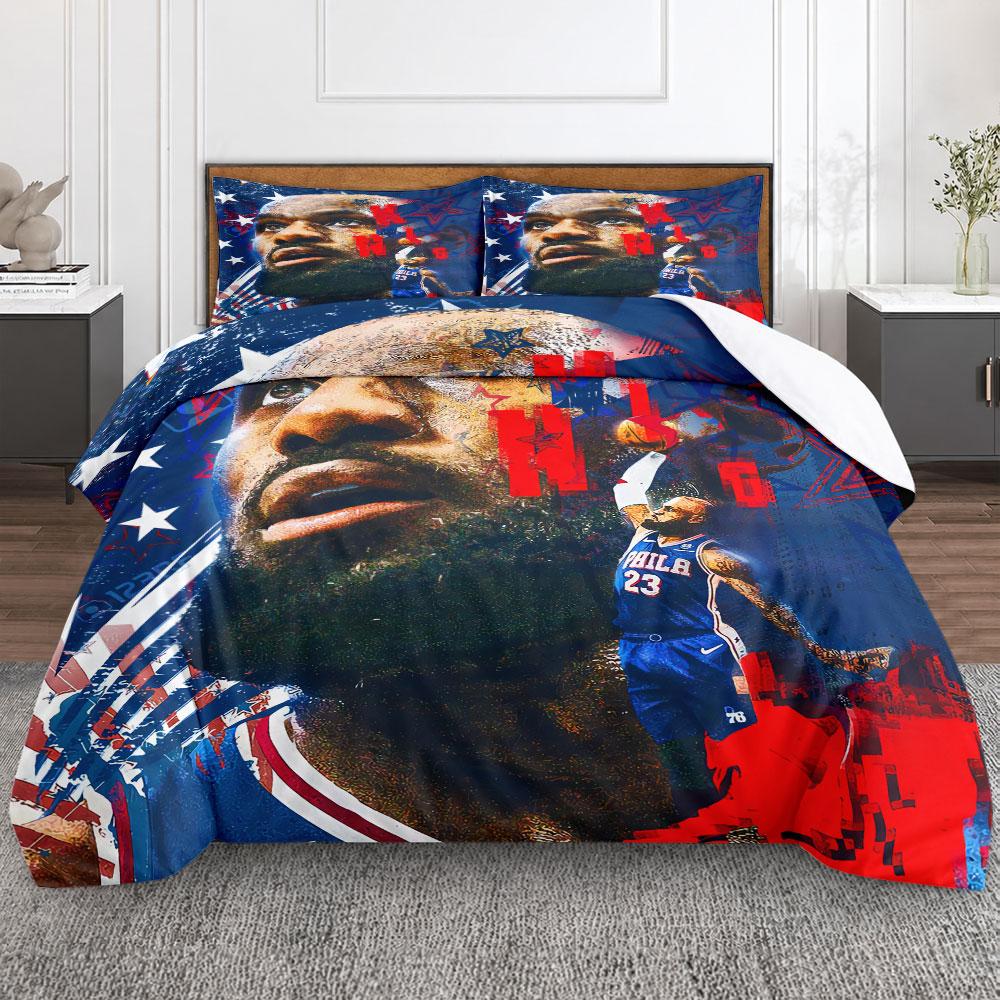 Vintage Basketball Star Stars Stripes Poster Blue Bedding Set, Reversible Duvet Cover Set for Any Season, Elegant Bedding Set for Bedroom