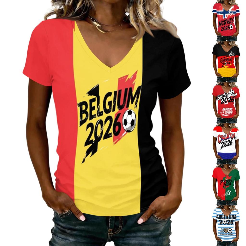 Women V Neck Short Sleeve Lightweight Summer Top Germany 2026 Soccer Printed Casual T Shirt for Sports and Daily Wear