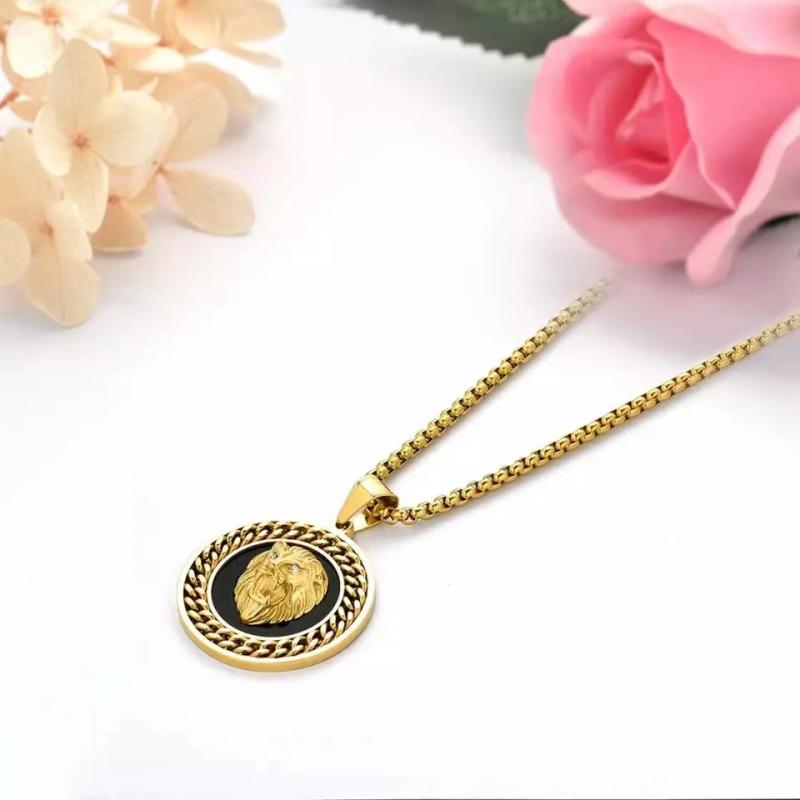 Hip Hop Gold Color 3D Round Lion Head Pendant Medal Chain for Men Women Fashion Rock Music Festival Rapper Necklace