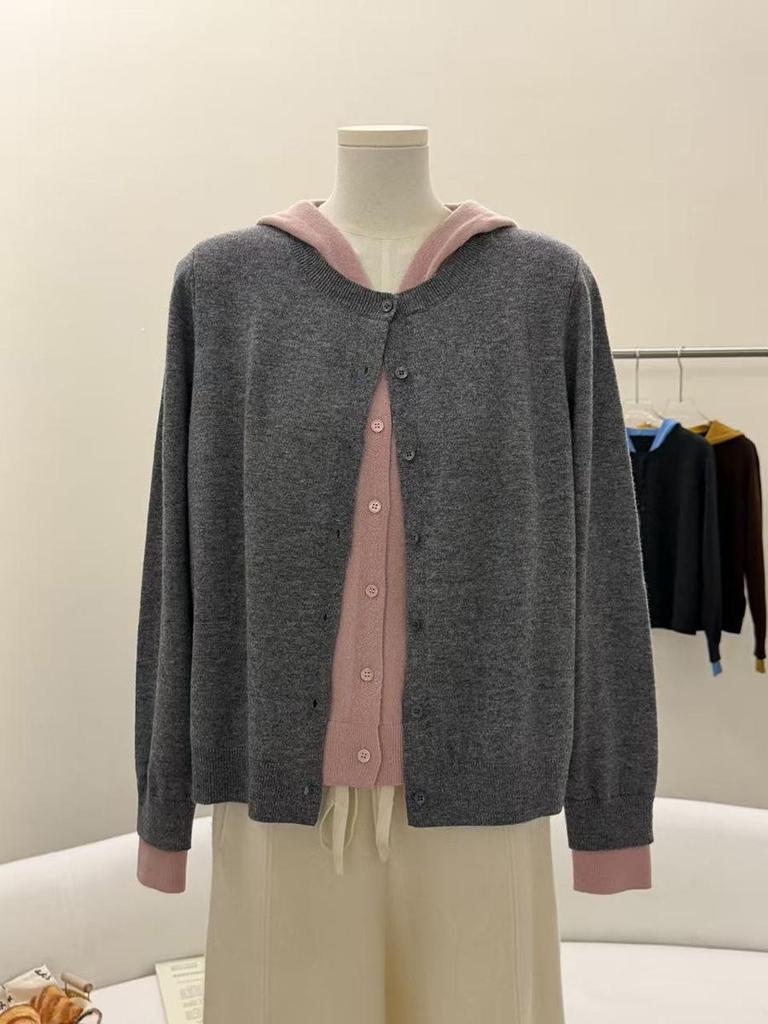 Women's 2026 Spring Double-Breasted Hooded Wool Cardigan Sweater - Color Block, Fake Two-Piece Design
