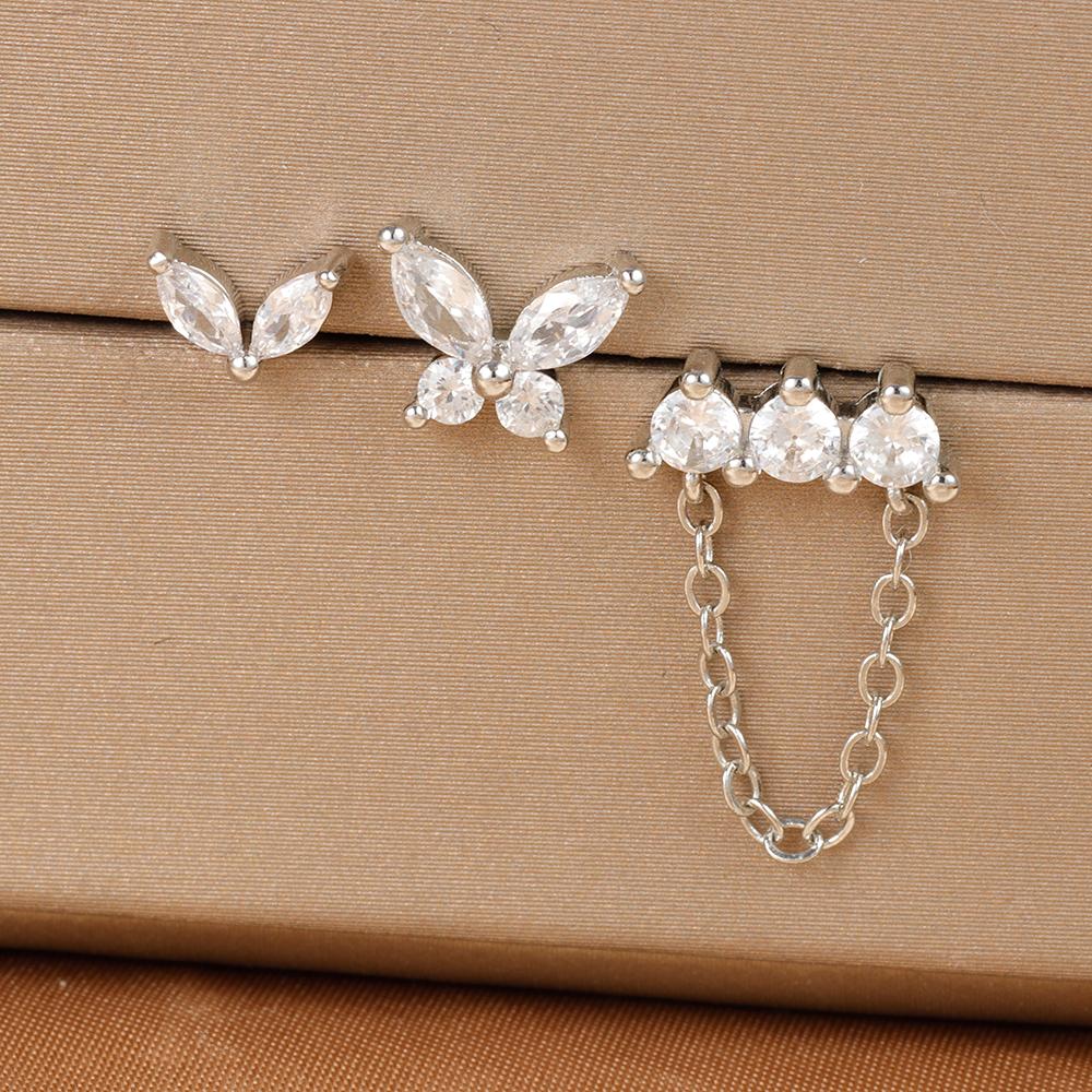 

3PCS Stainless Steel Butterfly Chain Tassel Earrings Set For Women Crystal Zirconia Cartilage Piercing Earring Wedding Jewelry