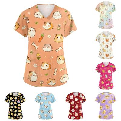 Women V Neck Short Sleeve Work Top with Pockets Animal Print Medical Scrub Shirt for Healthcare Professionals Nursing Uniform