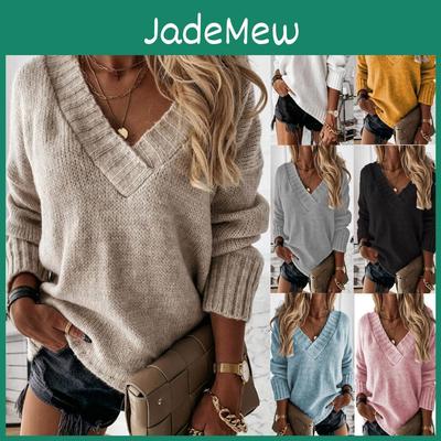 Damen Gestrickte Pullover mit Streifen, Oversized V-Ausschnitt, Patchwork-Strick, Langarm-Oberteile, Strickwaren