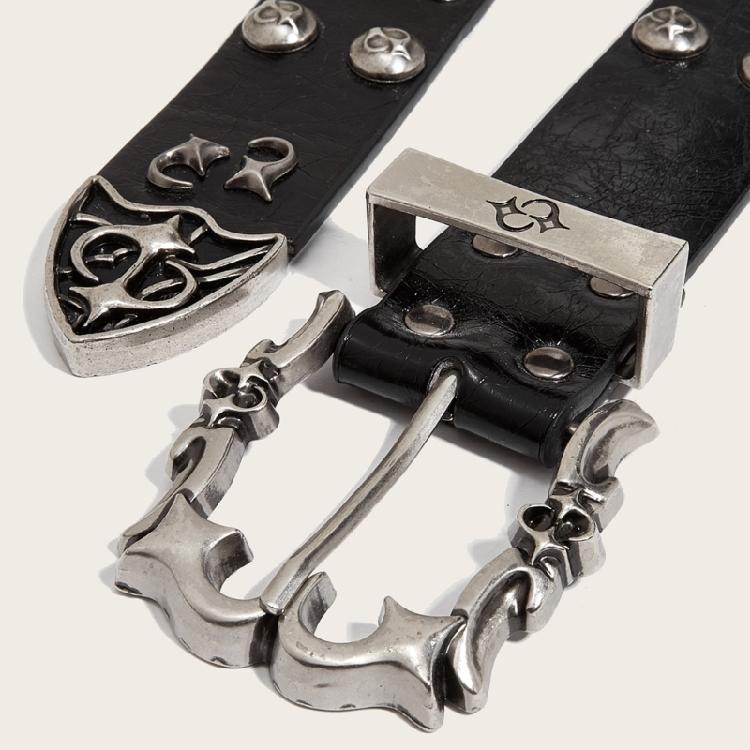 Gothic Style Women's Studded Belt Double Row Hole Waist Sash Secure Nonslip Clasp PU Leather Fashion Accessory