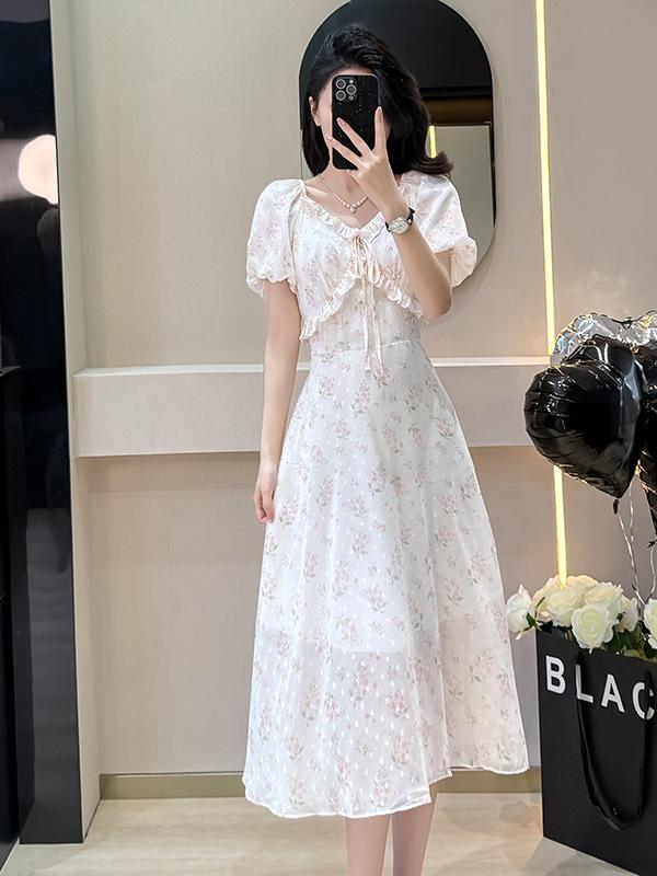 Summer Ruffle Collar Print Dress: Mid-Length Puff Sleeve, Off-the-Shoulder, Two-Way Wear