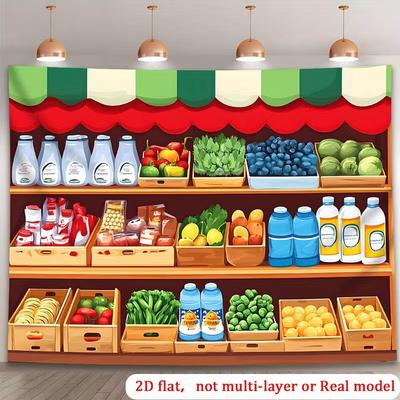 2D Kids Room Tapestry, Grocery Store Shelves with Vegetables & Drinks Decor