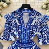 Summer Women Elegant Flare Sleeve Designer Print Runway Dresses V-neck Single Breasted Mini Short Party Dress