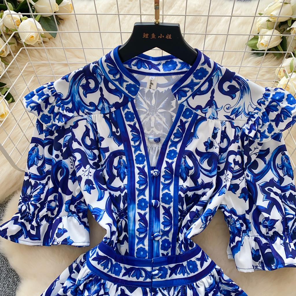 Summer Women Elegant Flare Sleeve Designer Print Runway Dresses V-neck Single Breasted Mini Short Party Dress