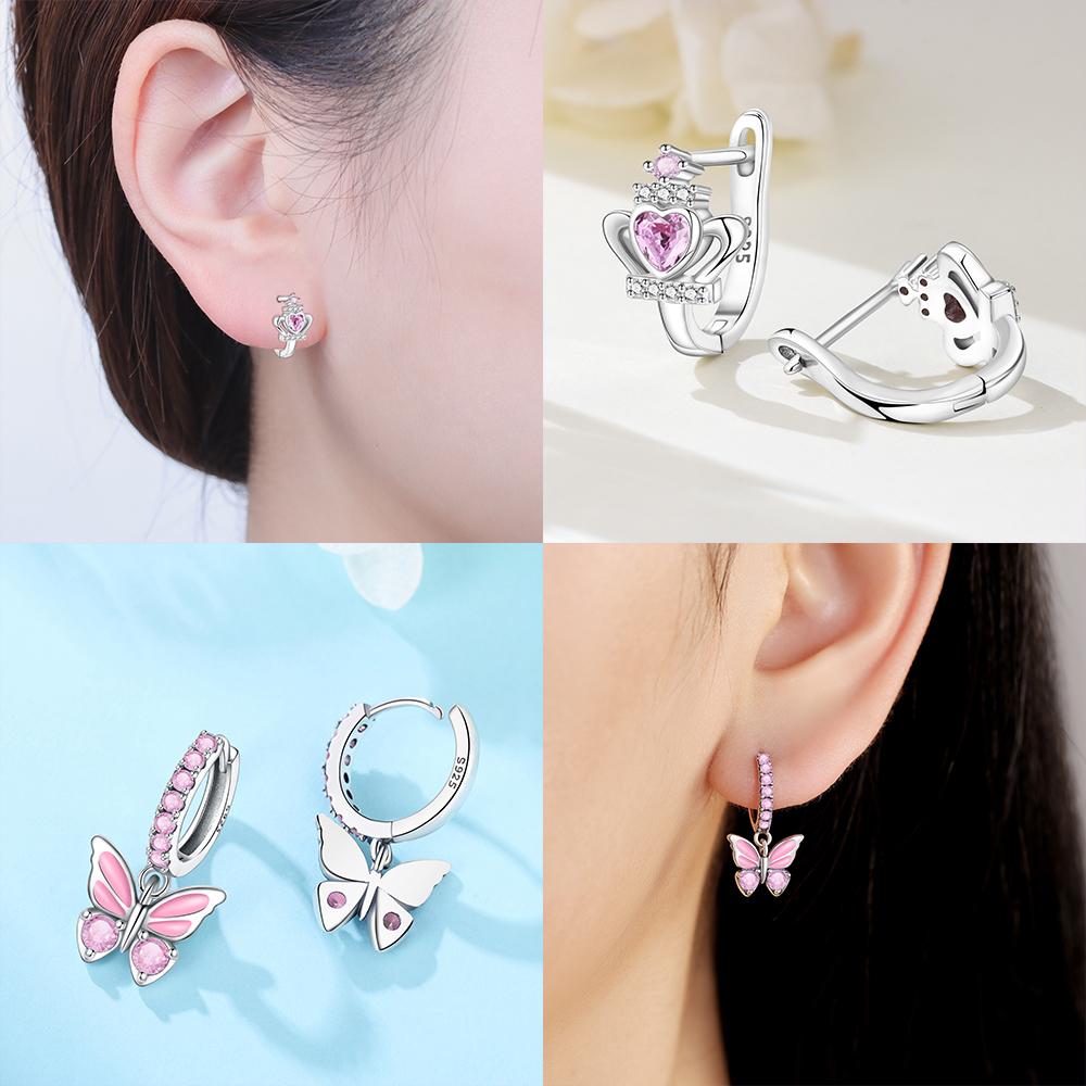 925 Zilver Roze Serie Oorbellen Vlinder Liefdesharten Zirkonia Fijne Oorbellen voor Vrouwen Sieraden Verjaardagscadeau