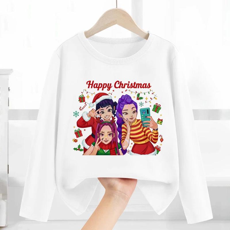Merry Christmas Kpop Demon Hunters Print Fashion Kids T Shirt Casual Children Clothes Autumn Baby Boys Girls Long Sleeve T-shirt