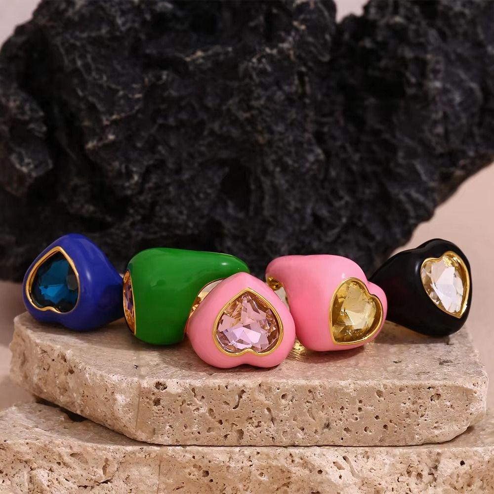 Stainless Steel Gemstone Heart Enamel Ring Geometric Solid Color Ring  Gift