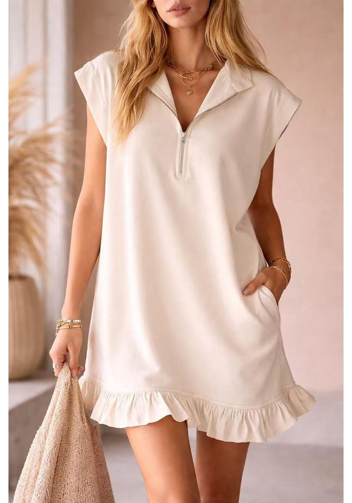 2026 Spring/Summer Women's Sleeveless V-Neck Dress with Double Pockets and Ruffle A-Line Skirt