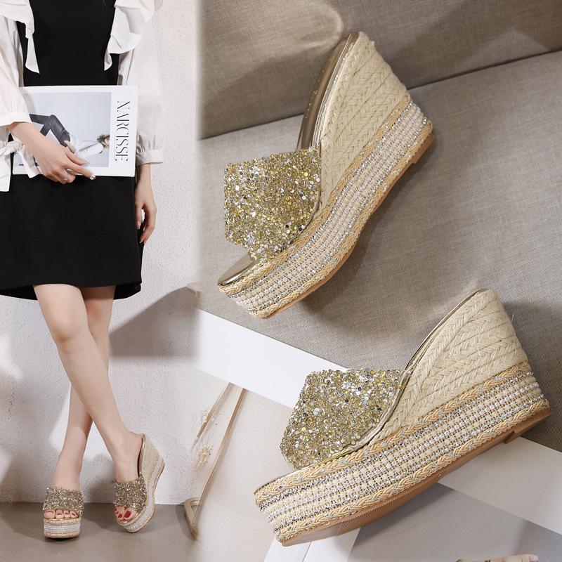 2026 Summer Crystal Sandals with Thick Bottom Fashion Slippers and High Heels for Women