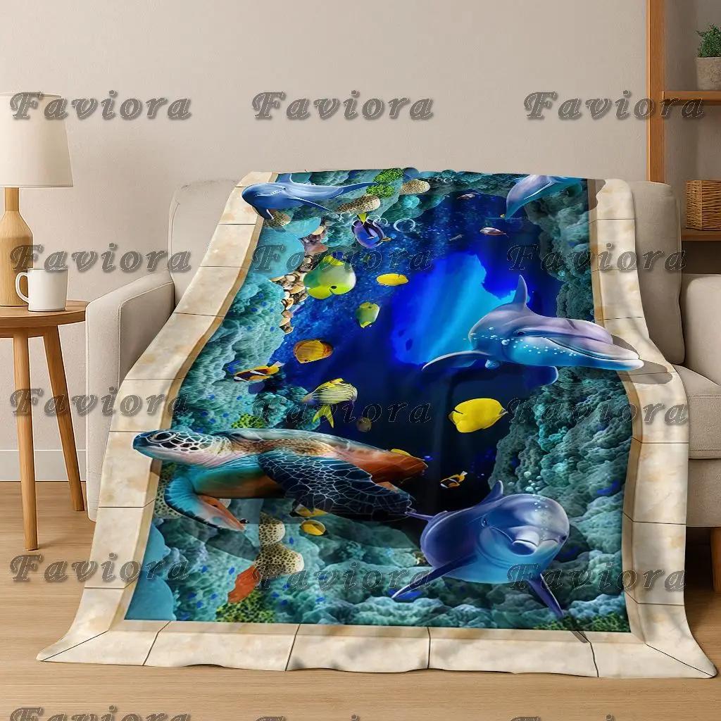 3D Illusion Sea Underwater World Dolphin New Flannel Blanket,Cozy Soft Throw Blanket For Home Bedroom Bed Sofa Cover Gift