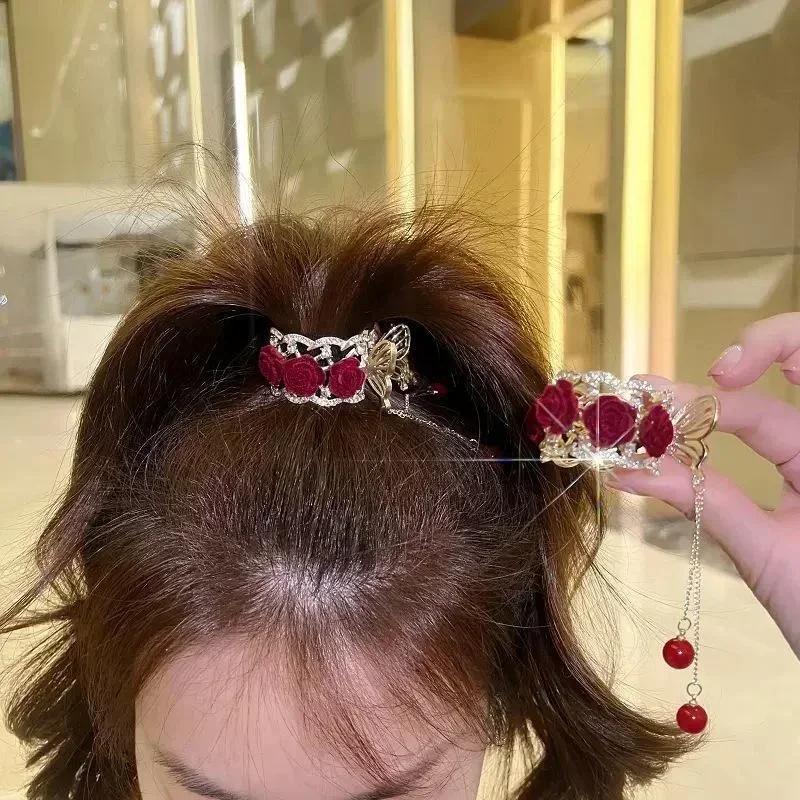 Fashion Women Summer Fashion Metal Rose Rhinestone Hairpin Hairpin Ponytail Clip Girls Headdress Accessories Creative Gifts