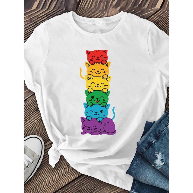 

[Rainbow Cat Women s Shirts] Rainbow-Colored Cat Pattern Women s Short-Sleeved Shirts | Summer Casual T-Shirts - Women s Clothing S белый