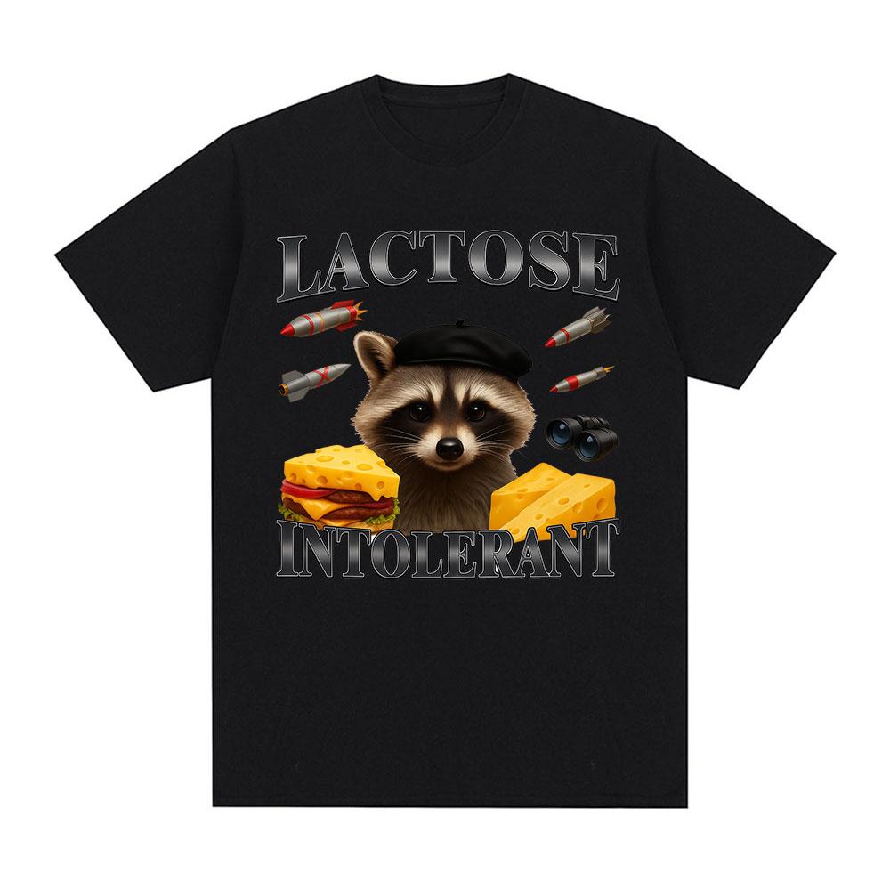 Lactose Intolerance Fun Raccoon Meme Pattern Tshirt 2026 New Hot Selling Mens Womens Fashion Cotton Casual Oversized Tshirt