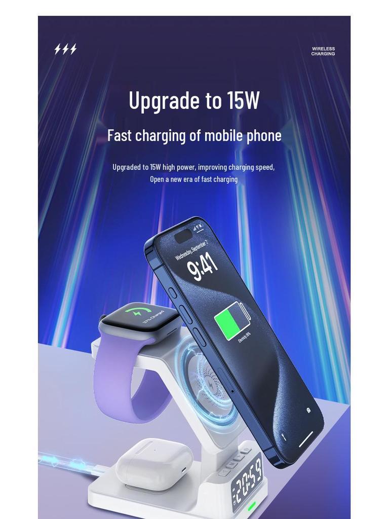 3-in-1 Wireless Charger: Alarm Clock, Magnetic Phone Stand, Fast Charging for Apple Watch & Earphones